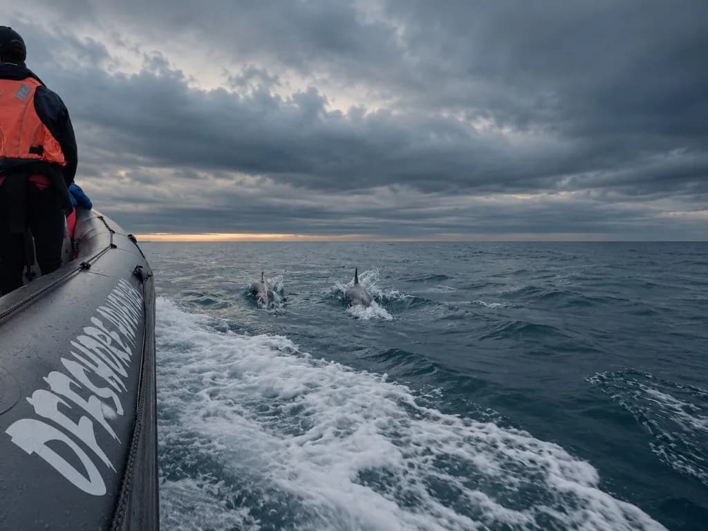 Two dolphins surfacing beside an Offshore Adventures RIB on the open ocean