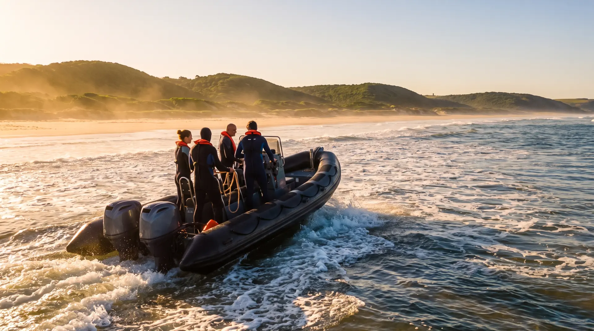 Expedition RIB launching through the surf at dawn